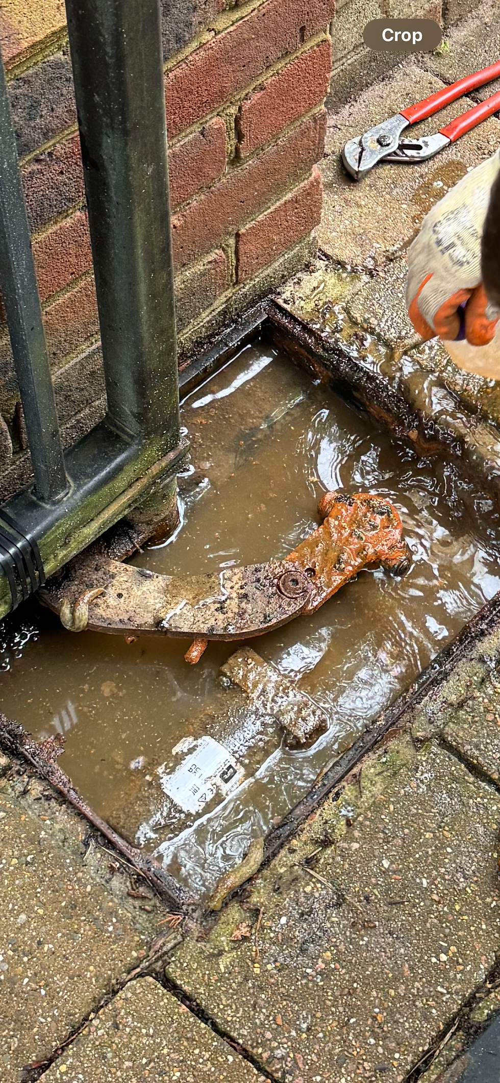 Manhole with murky water and debris against a brick wall. A person wearing gloves holds a tool. Rusty object submerged. Manual work setting. BFT gate motor.