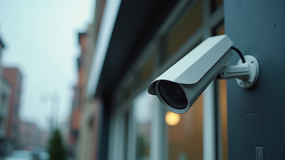 Eye-level view of CCTV camera mounted on a business building exterior