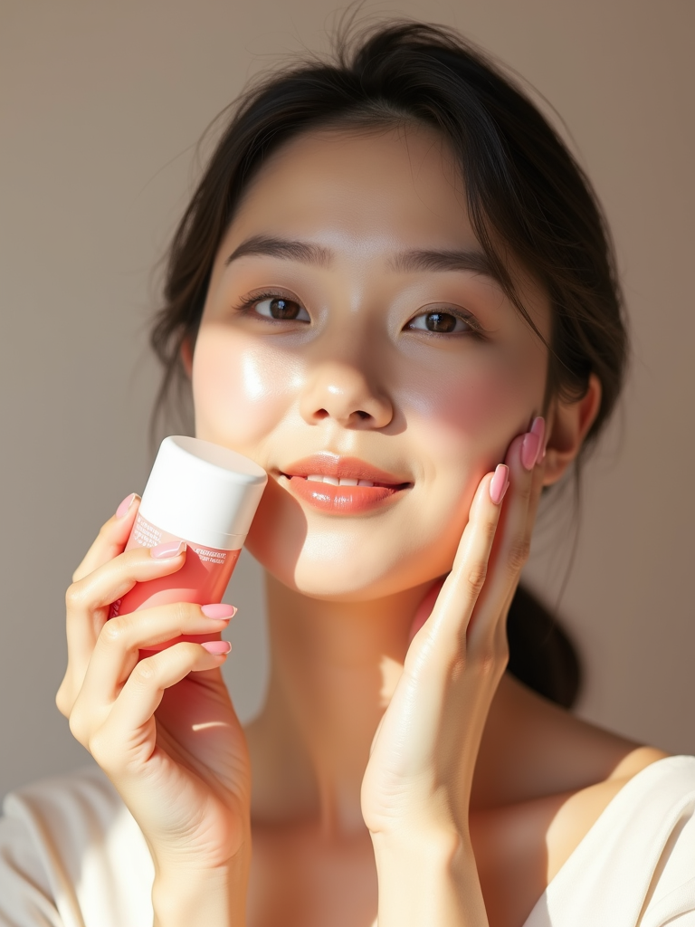 Lifestyle-photography-of-a-young-woman-applying-korean-skincare-product-with-a-serene-expr
