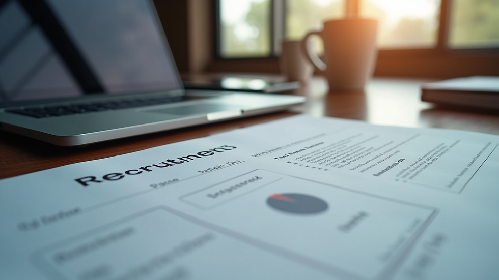 High angle view of a modern office workspace with a laptop and recruitment documents