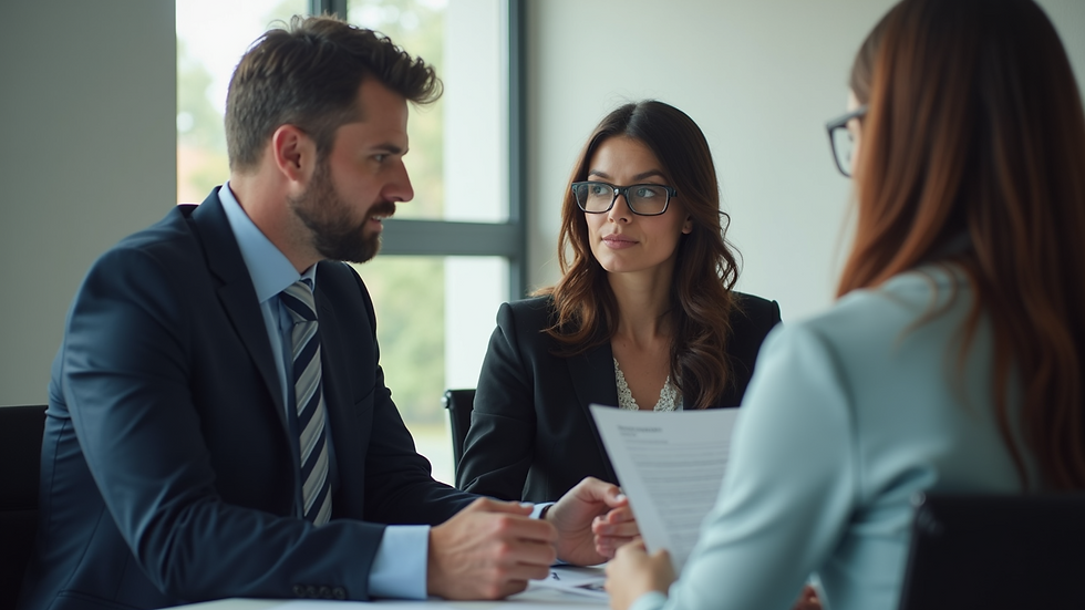 Eye-level view of a legal professional advising a client on brand protection