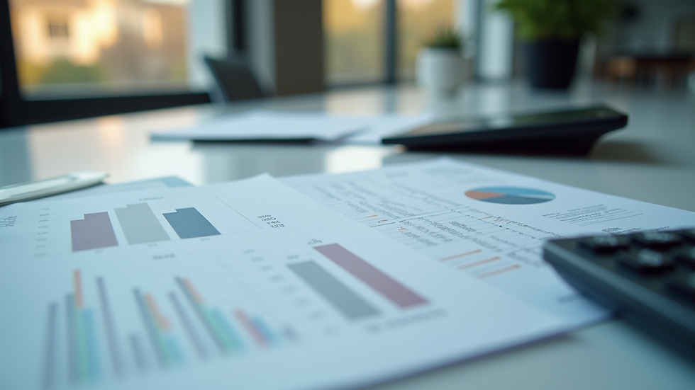 Eye-level view of a modern office desk with financial documents and calculator