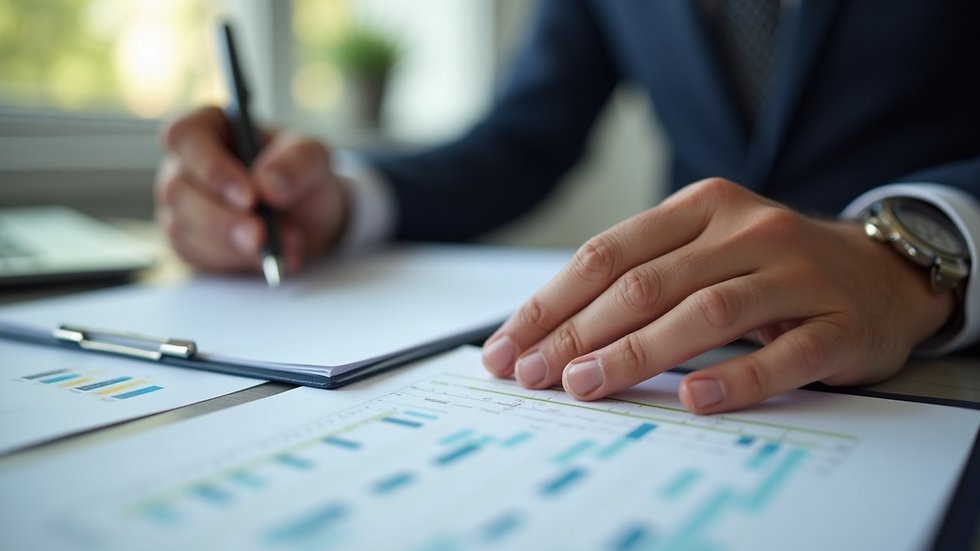 Close-up view of a business owner reviewing legal documents
