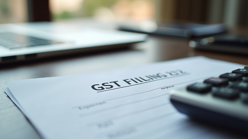 High angle view of a desk with GST filing documents and calculator