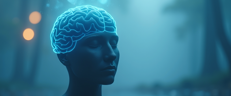 A person wearing an EEG cap in soft blue light