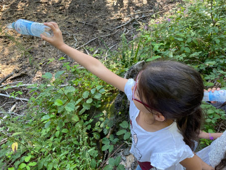 Alle brauchen Wasser! Schüler*innen bringen als Symbol Wasser zum ausgetrockneten Teich.