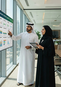 صورة احترافية لرجل أعمال إماراتي يرتدي الكندورة والغترة البيضاء، ورجل أعمال إماراتي آخر.