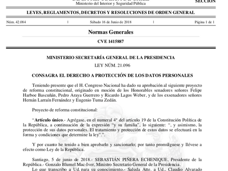 Se publica en el diario oficial, la ley 21.096 - Derecho a la Protección de los Datos Personales