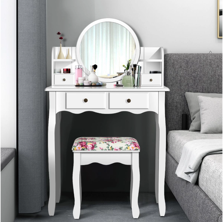 Dressing table set with stool and 360° rotating mirror, 75x40x122cm White