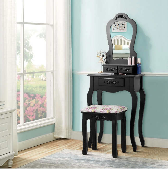 Vanity set with fan-shaped mirror and upholstered stool, Black