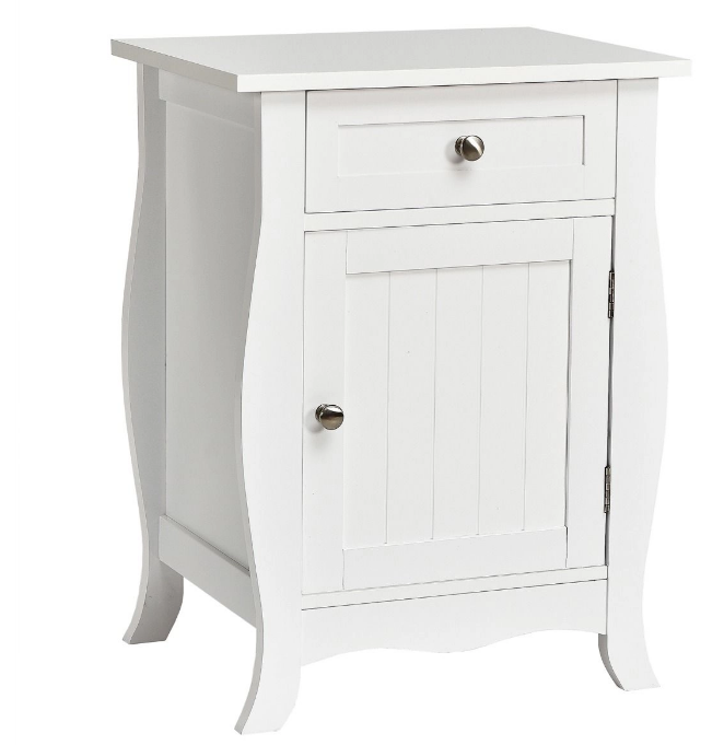 Wooden bedside table with single door and drawer, with White metal handles