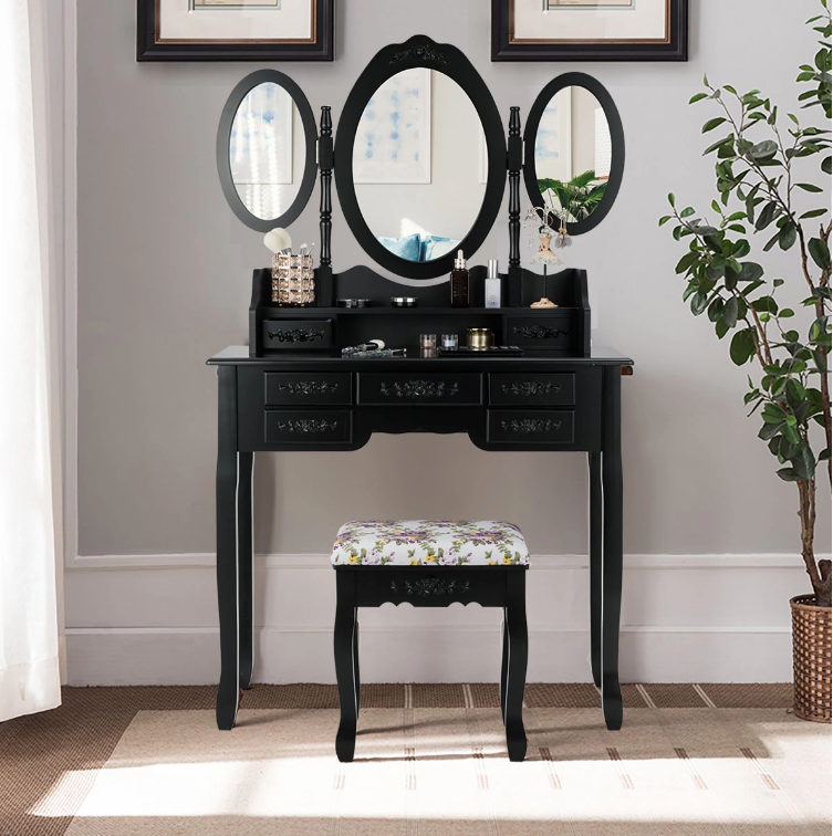 Dressing table with mirrors and stool, with 7 drawers and open shelf Black