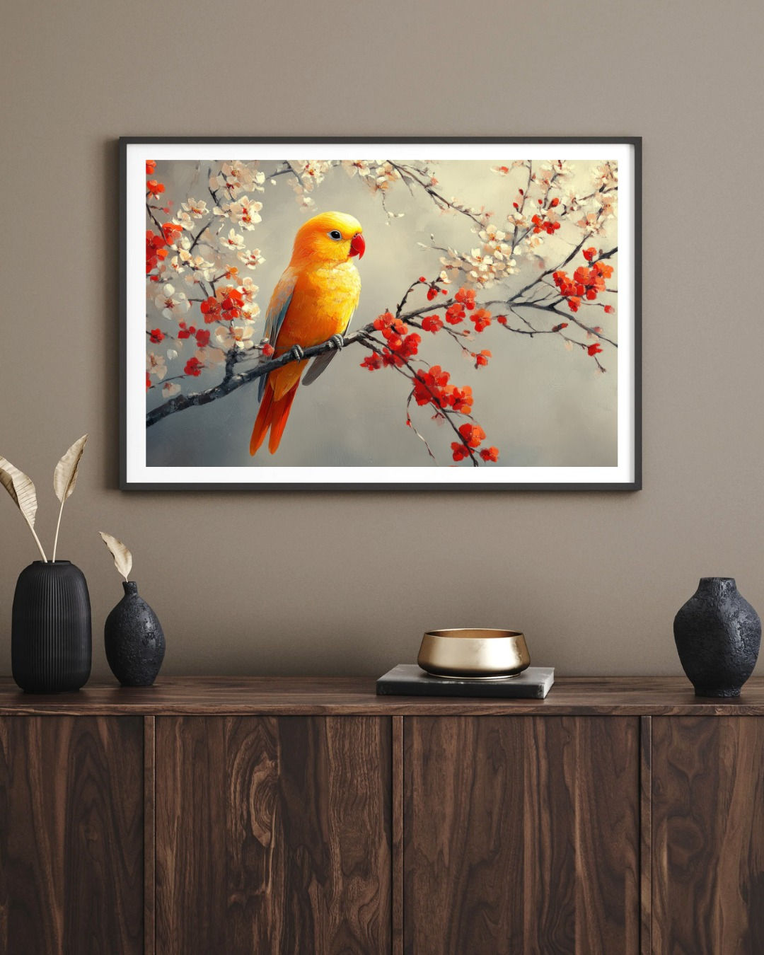 A graceful yellow Chinese bird painting, framed and mounted—symbolising joy, har