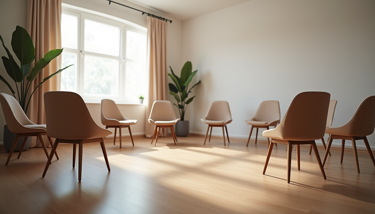 Eye-level view of a circle of empty chairs in a therapy room