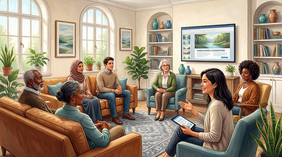Therapist leading a group therapy session using Rezenate anonymous engagement tool with diverse participants