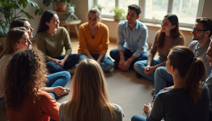High angle view of a group therapy circle with participants engaged in discussion