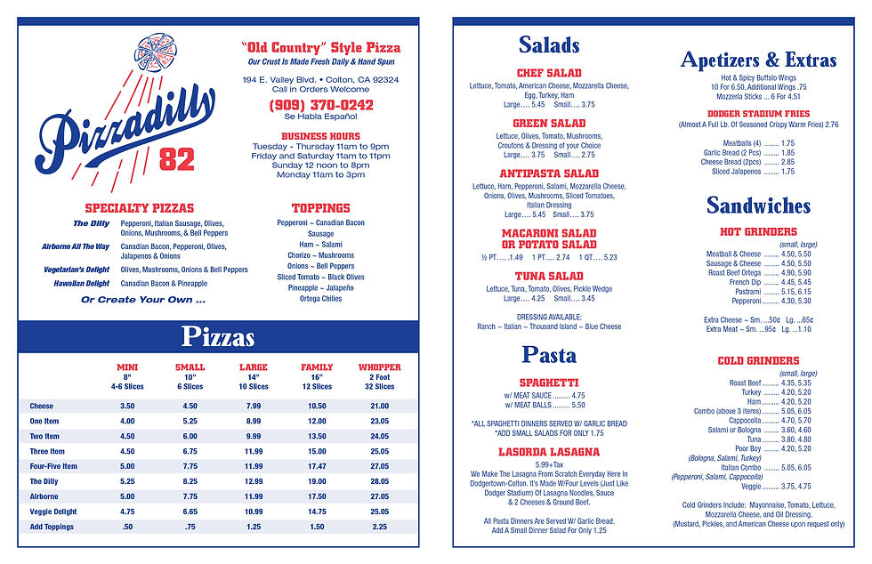 Pizzadilly Menu Inside