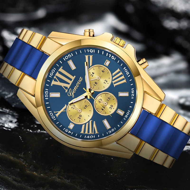 Miniatura: Relógio masculino sofisticado, de luxo, dourado, com movimento quartzo e pulseir