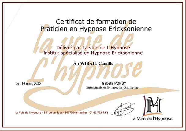 Diplôme Camille Wibail-Panicz, praticienne en Hypnose Ericksonienne