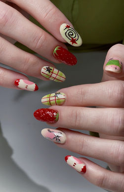 Hard gel nail extensions with fun nail art design. hand painted nail art north cheam.