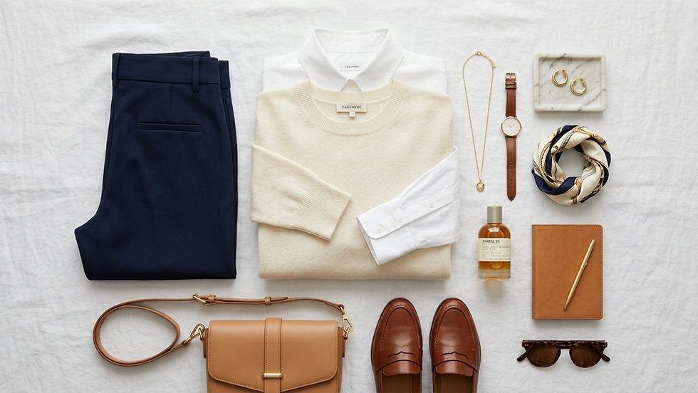 Ropa y accesorios están dispuestos: suéter beige, camisa, pantalones azul marino, bolso marrón, reloj y joyas doradas sobre fondo blanco.