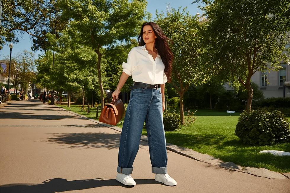 Mujer con camisa blanca y jeans anchos camina en un parque soleado, llevando un bolso marrón. Ambiente relajado y de verano.