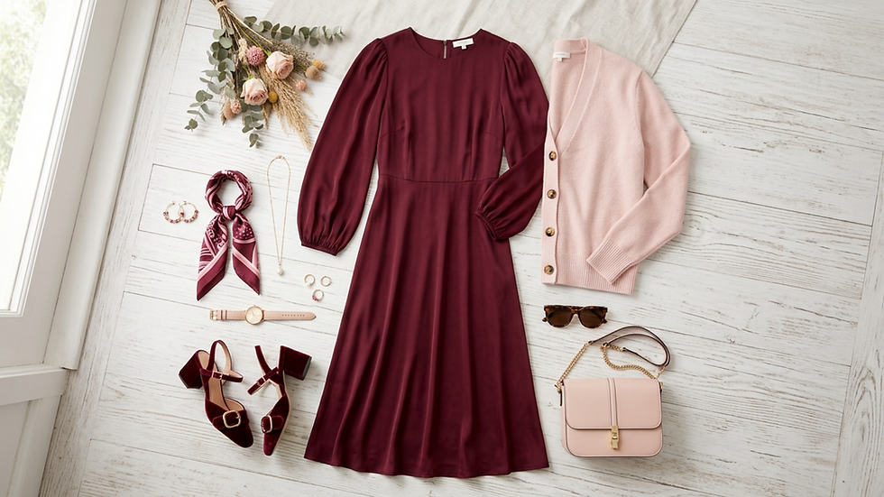 Vestido burdeos, chaqueta rosada, zapatos, bolso y accesorios sobre fondo de madera blanca. Flores y bufanda agregan un toque elegante.
