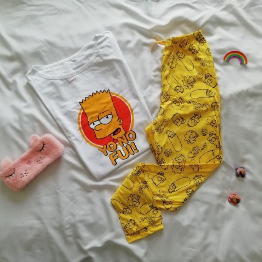 Pijama largo de bart simpson con remera blanca y pantalon largo amarillo de algodon | Bart simpson pijama