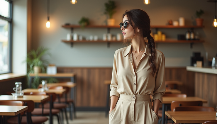 Vista a nivel de ojo de mujer con pantalones anchos beige y accesorios minimalistas en un café