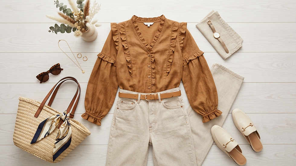 Conjunto beige y marrón en plano: blusa con volantes, vaqueros, bolso, gafas, reloj, mocasines y flores secas sobre fondo claro.