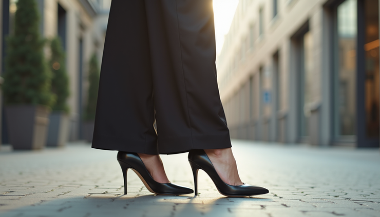 Vista a nivel de ojo de mujer usando pantalón ancho con tacones elegantes en un entorno urbano