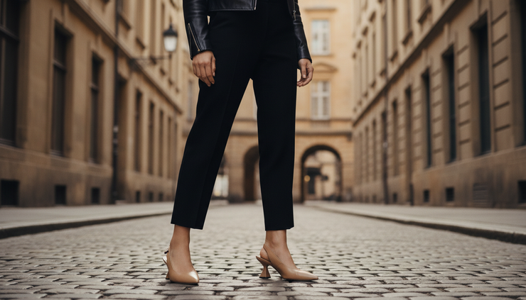 Low-angle view of slingback shoes worn with tailored trousers and a leather jacket