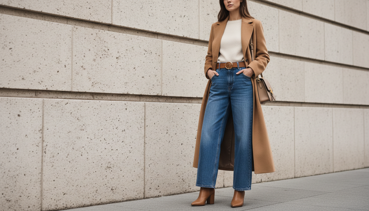 Wide-angle view of a camel coat styled with wide leg jeans and neutral accessories near a stone wall