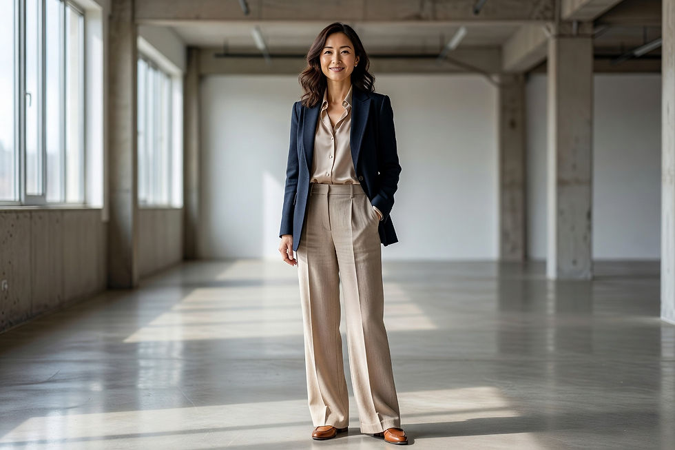Mujer sonriente en un espacio industrial iluminado, vestida con blazer azul y pantalones beige. Luz natural y ambiente profesional.