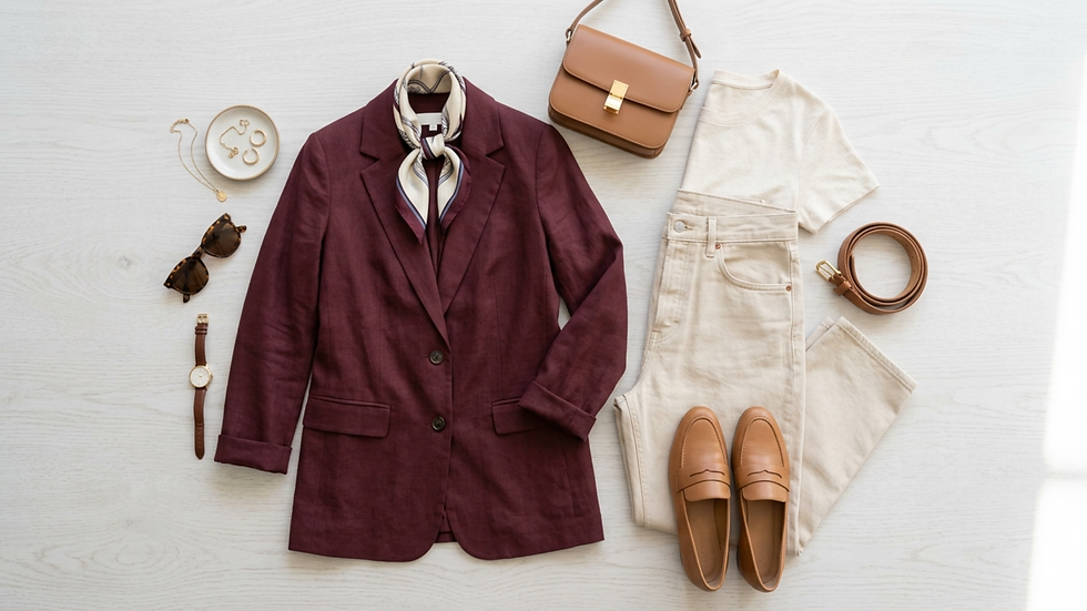 Conjunto elegante sobre fondo blanco: blazer burdeos, jeans claros, bolso beige, mocasines, gafas y accesorios marrones.
