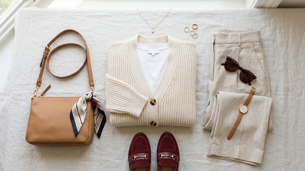 Conjunto de moda beige y crema sobre una cama: bolso, cárdigan, pantalón, gafas, reloj, joyas y mocasines burdeos.