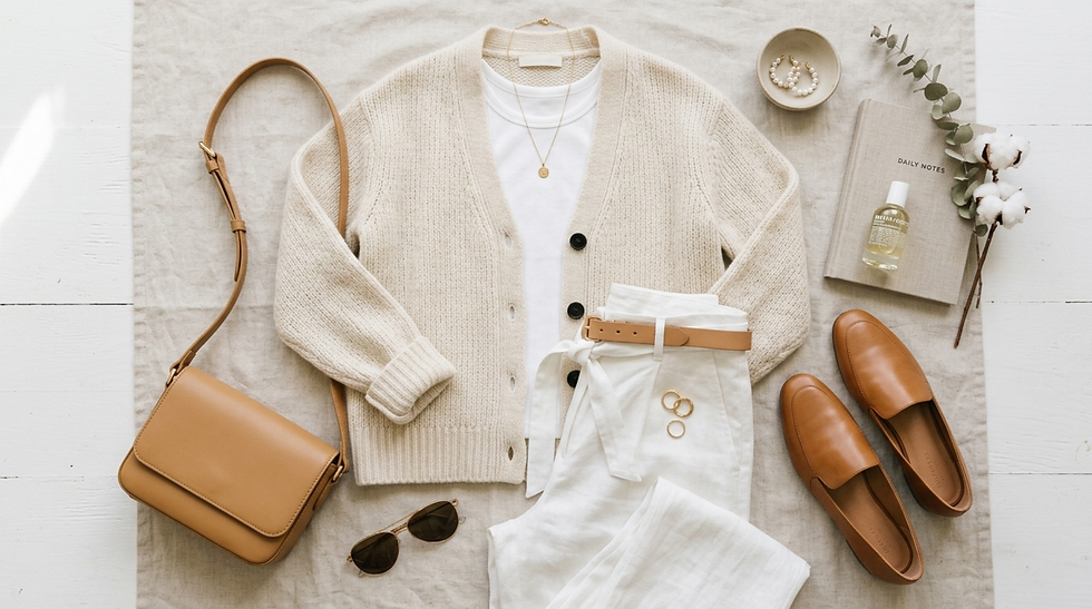 Flat lay de moda en tonos beige: cardigan, pantalón blanco, bolso, mocasines, gafas y libreta Daily Notes sobre fondo claro.