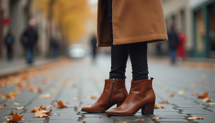 Vista lateral de outfit con abrigo camel y botines marrones en una calle con hojas otoñales