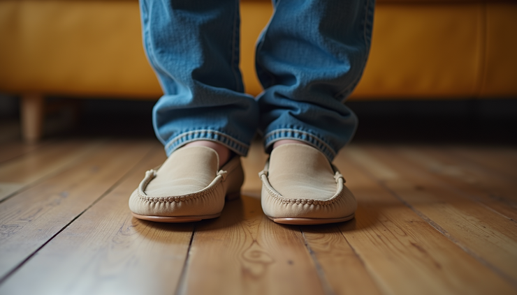 Vista a nivel de pies con jeans rectos y mocasines en un piso de madera