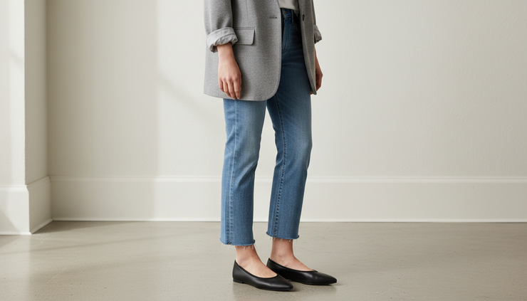 Vista de tres cuartos de bailarinas negras con jeans cropped y blazer gris casual.