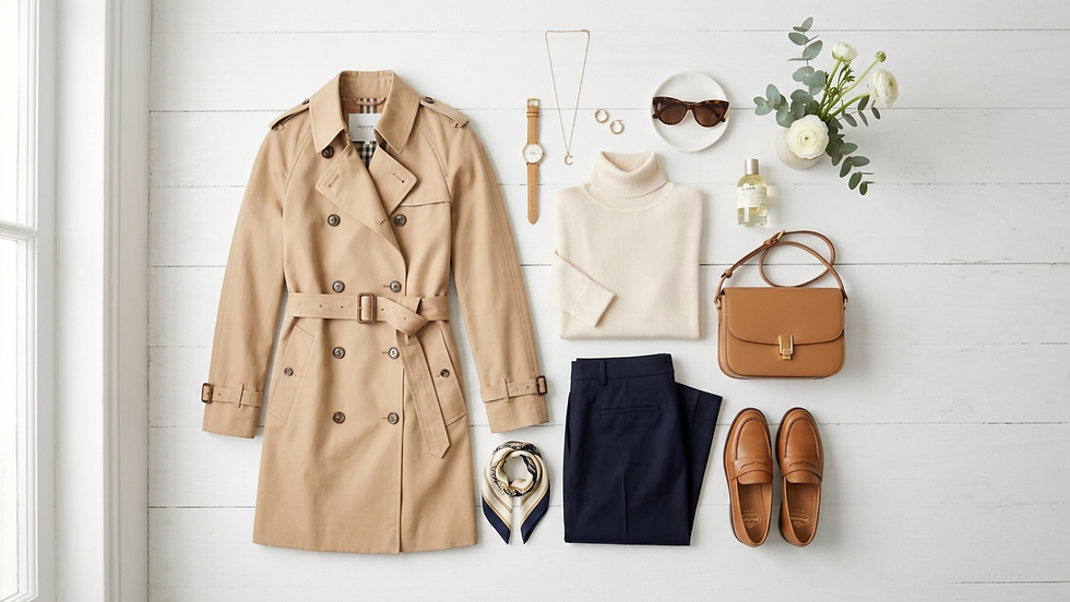 Abrigo beige, suéter crema, pantalones negros, zapatos marrones, bolso, reloj, joyas y flores blancas sobre fondo blanco. Estilo elegante.