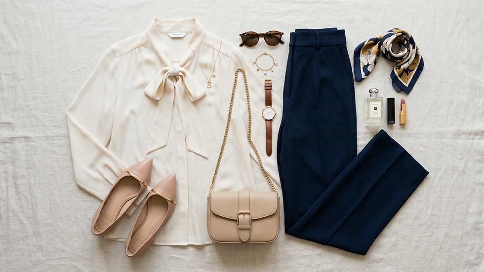Conjunto femenino sobre fondo claro: blusa crema, pantalón azul marino, zapatos rosa, bolso beige, gafas, reloj, perfume y pañuelo.