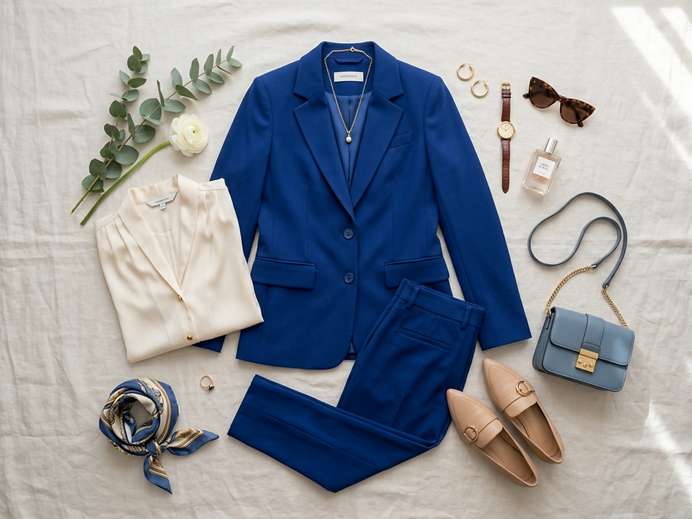 Conjunto de traje azul con blusa crema, accesorios dorados, bolso celeste y mocasines beige sobre tela beige, con hojas verdes.