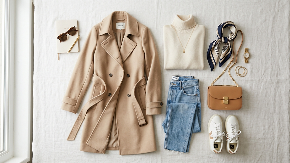 Flat lay de moda sobre sábana blanca: abrigo beige, suéter crema, vaqueros, bolso, pañuelo, gafas, reloj y zapatillas blancas.