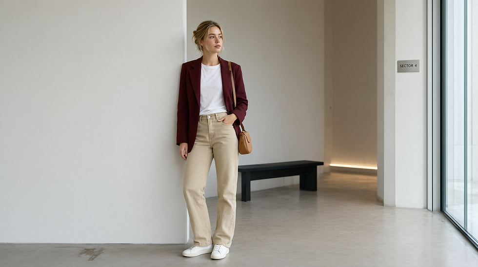 Mujer con blazer burdeos y pantalón beige apoya en una pared de un pasillo minimalista; cartel SECTOR 4, mirada serena.