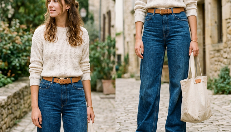 Primer plano de jeans anchos de tiro alto combinados con cinturón sencillo y bolso de tela.