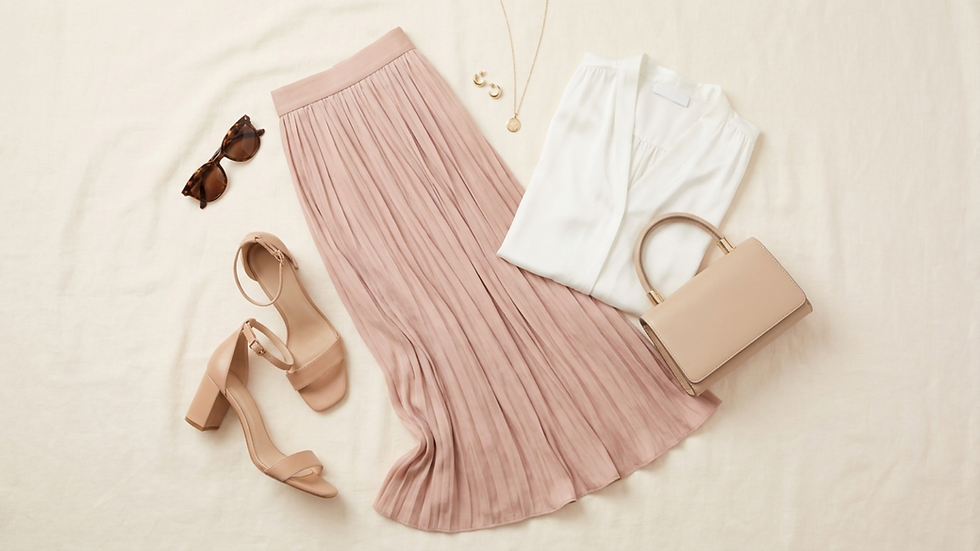 Conjunto femenino sobre fondo beige: falda plisada rosa, blusa blanca, tacones nude, bolso, gafas y joyas.