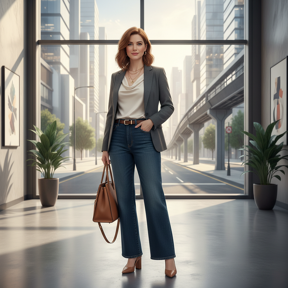 Mujer con saco gris y jeans, sostiene bolso marrón en moderno edificio con vistas a la ciudad. Plantas y cuadros adornan el espacio.