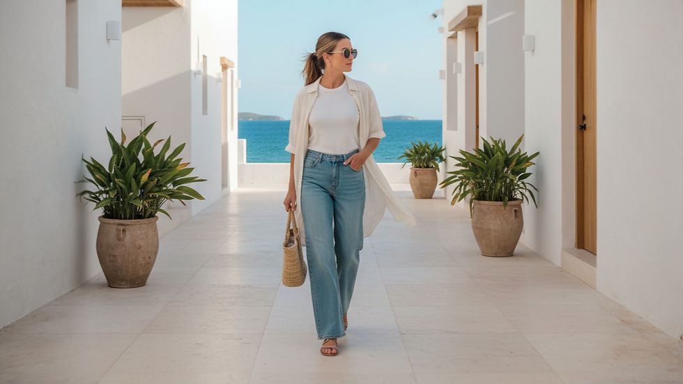 Mujer con gafas de sol caminando entre paredes blancas. Lleva blusa blanca, jeans, bolso de paja. Plantas en macetas, mar al fondo.