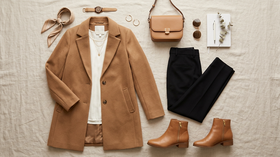 Conjunto elegante en plano: abrigo camel, blusa blanca, pantalón negro, botas y bolso; accesorios dorados sobre fondo beige.